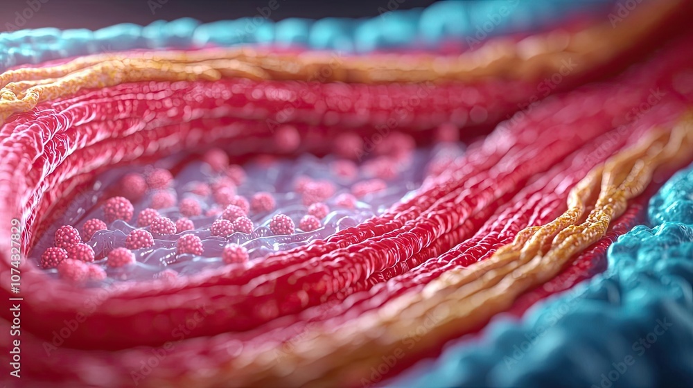 Poster Colorful microscopic view of cellular structures with red and blue elements.