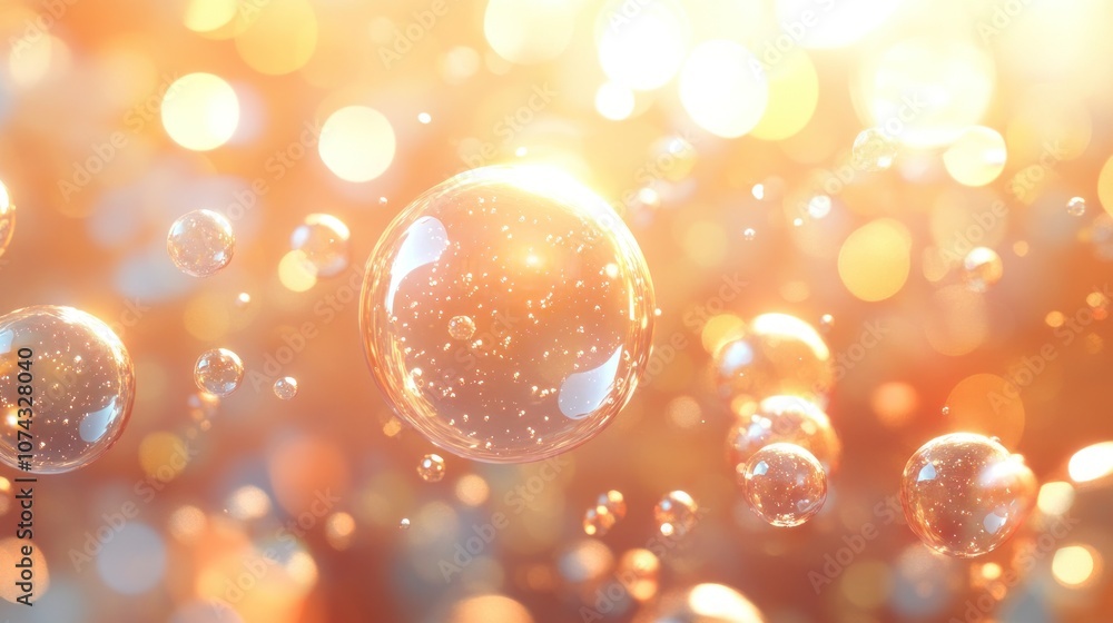 Poster 3d background with abstract, transparent bubbles of various sizes, creating a soft and immersive vis