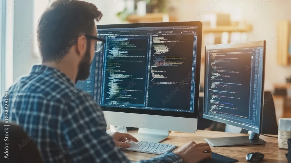 Poster a person coding on dual monitors in a modern workspace.