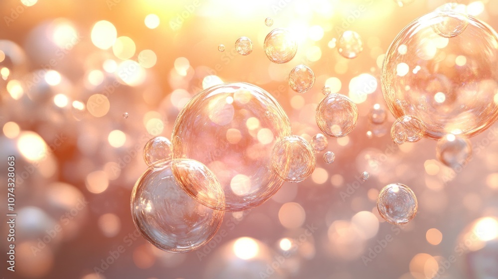 Poster 3d background with abstract, transparent bubbles of various sizes, creating a soft and immersive vis