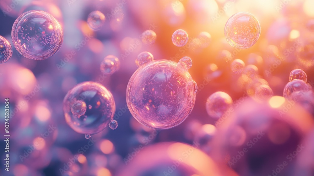 Poster 3d background with abstract, transparent bubbles of various sizes, creating a soft and immersive vis