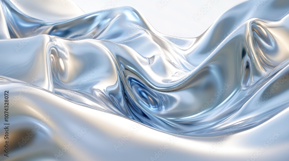 Poster 3d background with abstract waves of metallic silver surfaces flowing in smooth, fluid forms, creati