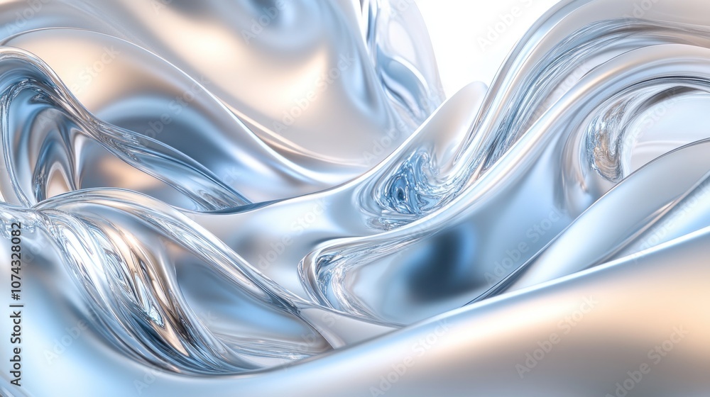 Poster 3d background with abstract waves of metallic silver surfaces flowing in smooth, fluid forms, creati