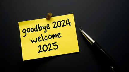 Stick note with handwritten text goodbye 2024 and welcome 2025 with a pen on a black background.
