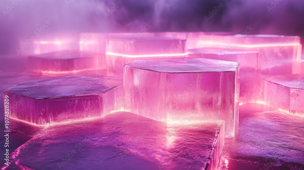 Poster 3d background with layers of transparent glass-like hexagons stacked and illuminated by soft neon li