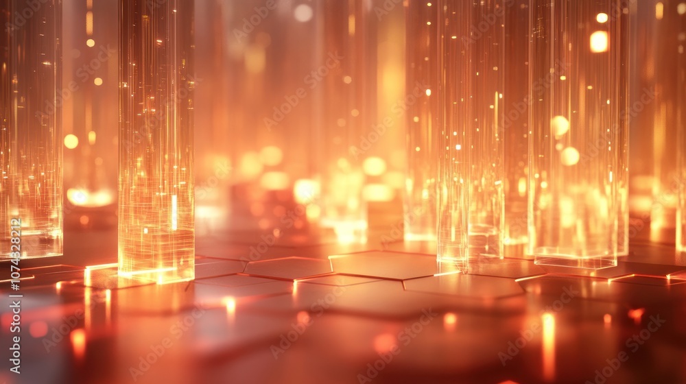Poster 3d background with layers of transparent glass-like hexagons stacked and illuminated by soft neon li