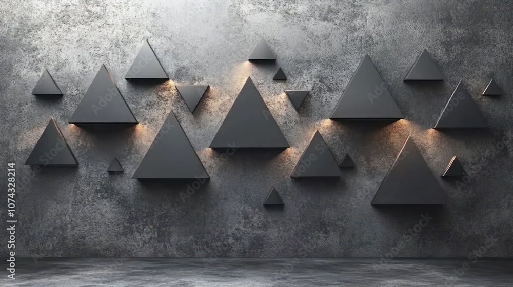 Poster 3d background with floating triangles and pyramids in matte black and shades of grey, forming an edg
