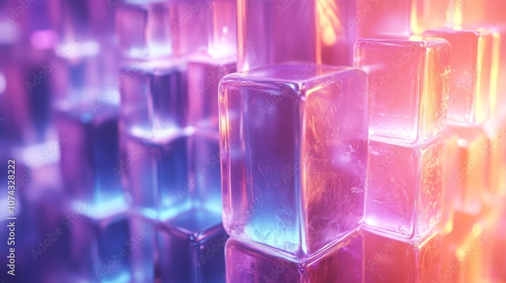 Poster 3d background with layers of transparent glass-like hexagons stacked and illuminated by soft neon li