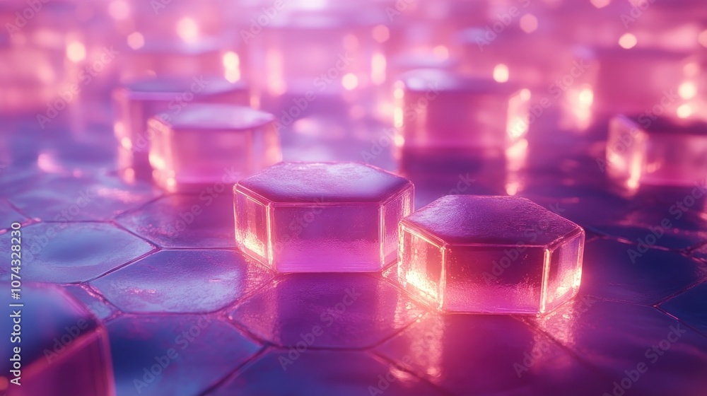 Poster 3d background with layers of transparent glass-like hexagons stacked and illuminated by soft neon li