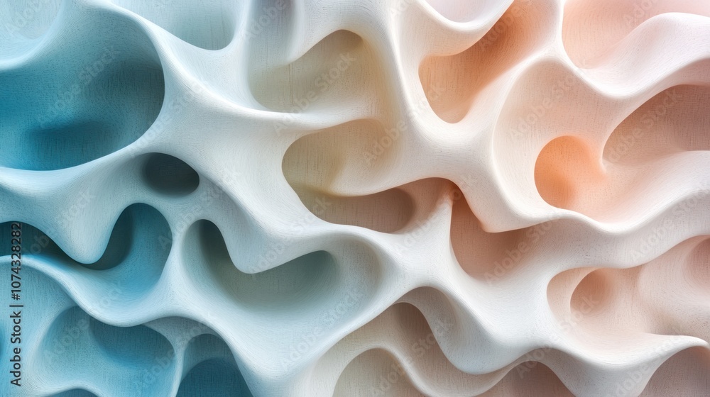 Poster 3d background with stacked, interwoven geometric shapes in pastel tones, creating a soft yet intrica