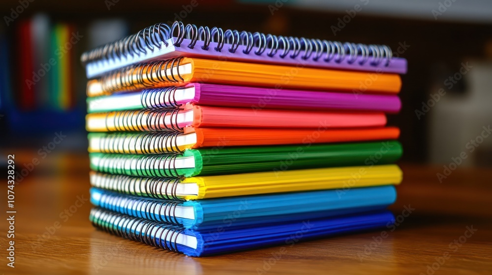 Poster a stack of colorful spiral notebooks arranged neatly on a wooden surface.