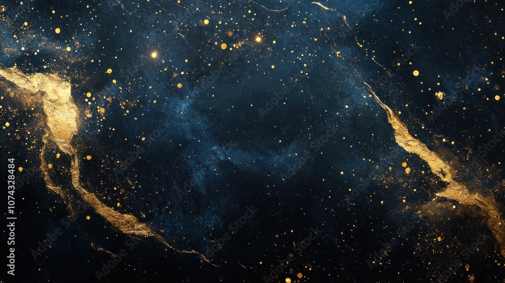 Poster abstract background with golden light patterns spread across a black background like a vast universe