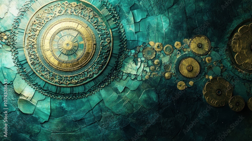 Poster abstract blue and green background with intricate geometric patterns like a map