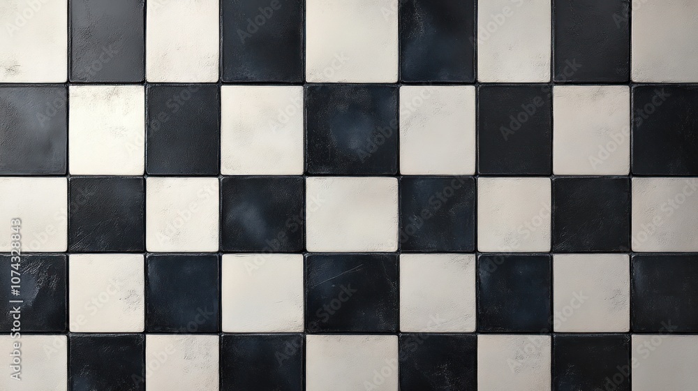 Poster black and white background with checkerboard pattern, creating a bold, geometric look