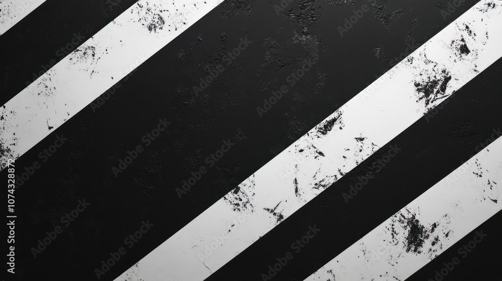 Poster black and white background with diagonal stripes, adding a sharp, dynamic feel to the composition