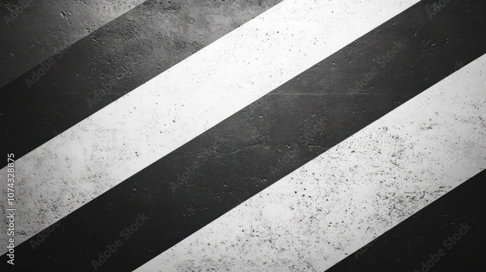 Poster black and white background with diagonal stripes, adding a sharp, dynamic feel to the composition
