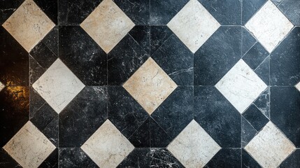 Black and white background with checkerboard pattern, creating a bold, geometric look