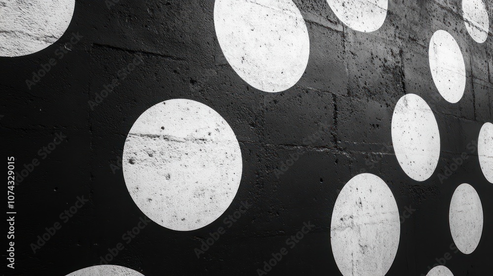 Poster black and white background with polka dots of varying sizes, adding a playful yet classic touch