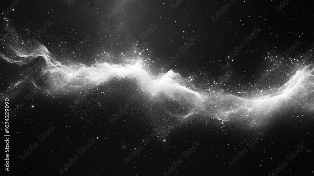 Poster black and white background with soft cloud-like textures, creating a dreamy and ethereal look