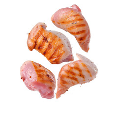 Close-Up of Grilled Chicken Breast Pieces in Mid-Air png  transparent