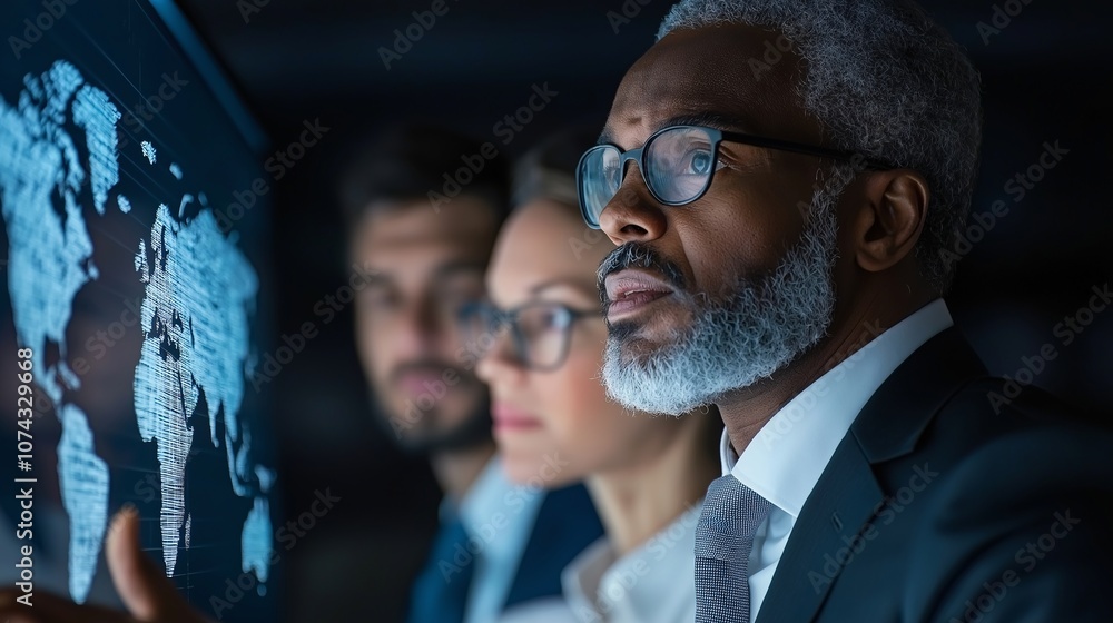 Poster focused business team analyzing global data on a digital screen in a dark workspace with a world map