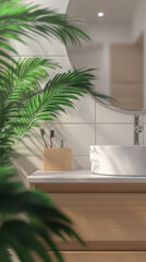 Fototapeta premium Stylish bathroom interior with realistic plant, serene and clean design