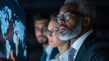 Focused Business Team Analyzing Global Data on a Digital Screen in a Dark Workspace with a World Map Projection and Professional Attire