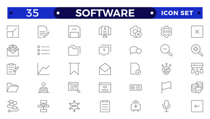 Software Outline icon set. Contains linear outline icons like Web Development, Code, Website, Cloud, App, Data, Software, Algorithm, Api, Build, Program. Big UI icon set in a flat design.