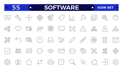 Software Outline icon set. Contains linear outline icons like Web Development, Code, Website, Cloud, App, Data, Software, Algorithm, Api, Build, Program. Big UI icon set in a flat design.