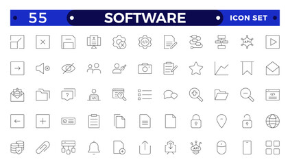 Software Outline icon set. Contains linear outline icons like Web Development, Code, Website, Cloud, App, Data, Software, Algorithm, Api, Build, Program. Big UI icon set in a flat design.