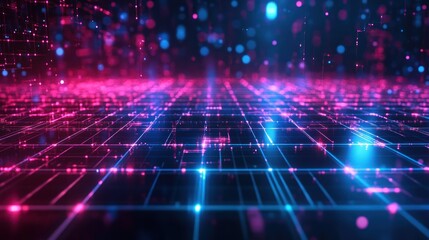 Digital background with a glowing grid on a dark blue background, giving a retro-futuristic vibe like a sci-fi world