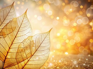 Golden Skeleton Leaves on White Bokeh Background - Autumn Nature and Fall Foliage Abstract Floral Design