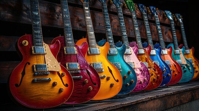 A colorful lineup of electric guitars displayed on a wooden rack in a cozy music shop during the afternoon