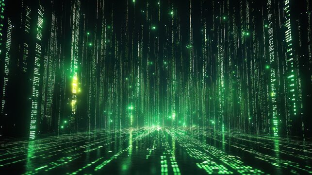 Digital background with a matrix of green code scrolling vertically on a black screen, creating a futuristic cyber feel