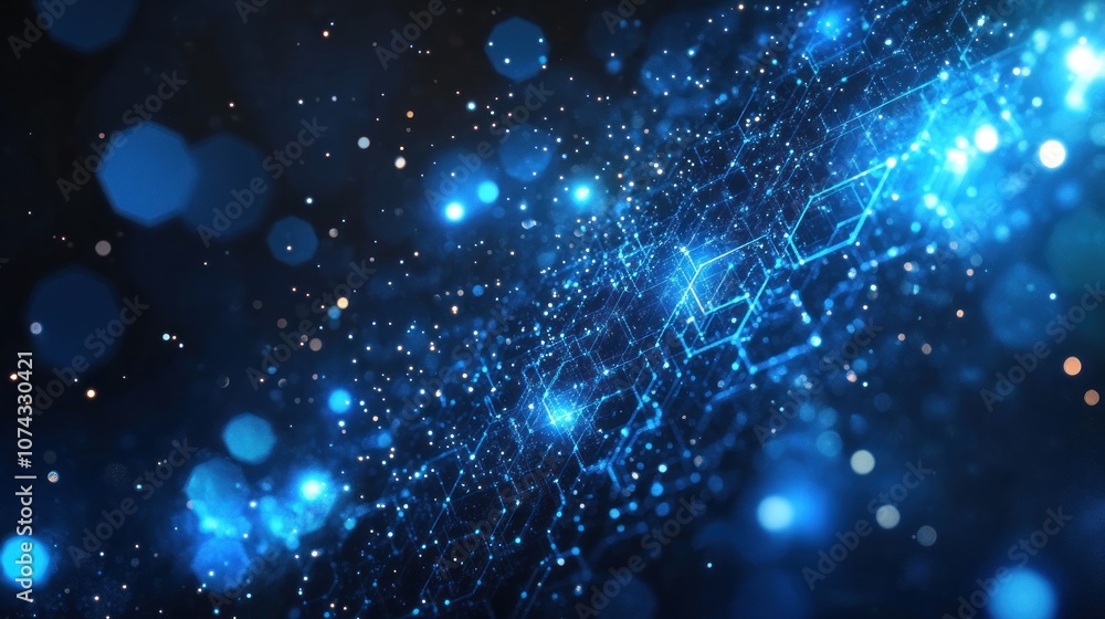 Poster digital background with glowing hexagons and blue lights in a honeycomb pattern, emphasizing a futur