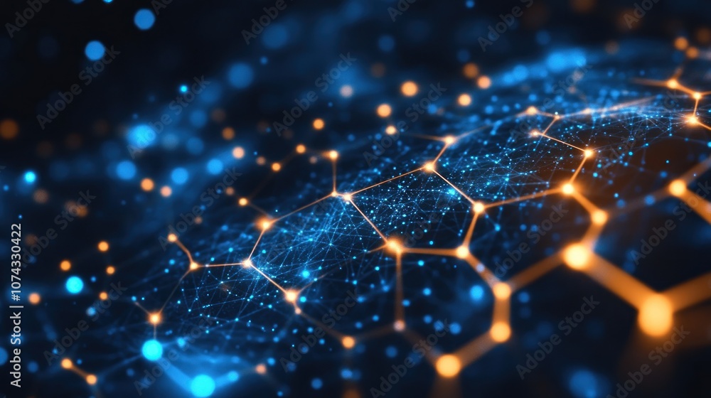 Poster digital background with glowing hexagons and blue lights in a honeycomb pattern, emphasizing a futur