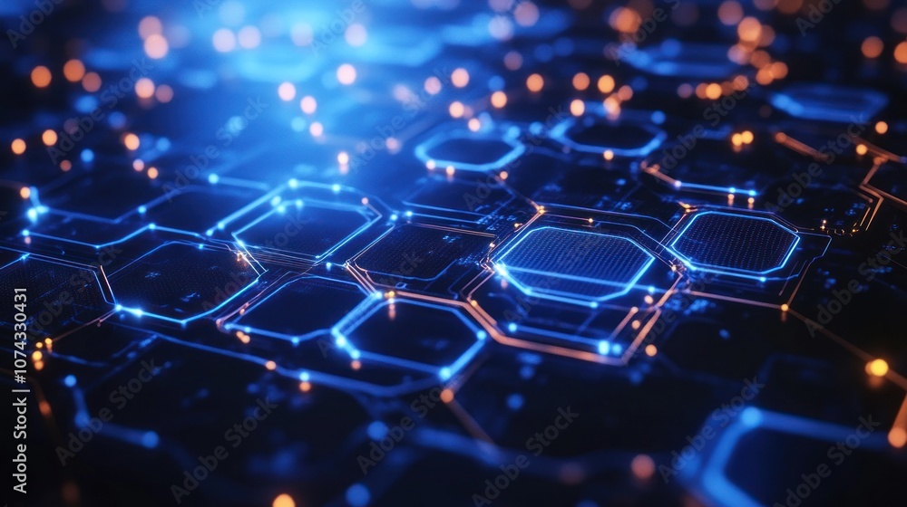 Poster digital background with glowing hexagons and blue lights in a honeycomb pattern, emphasizing a futur