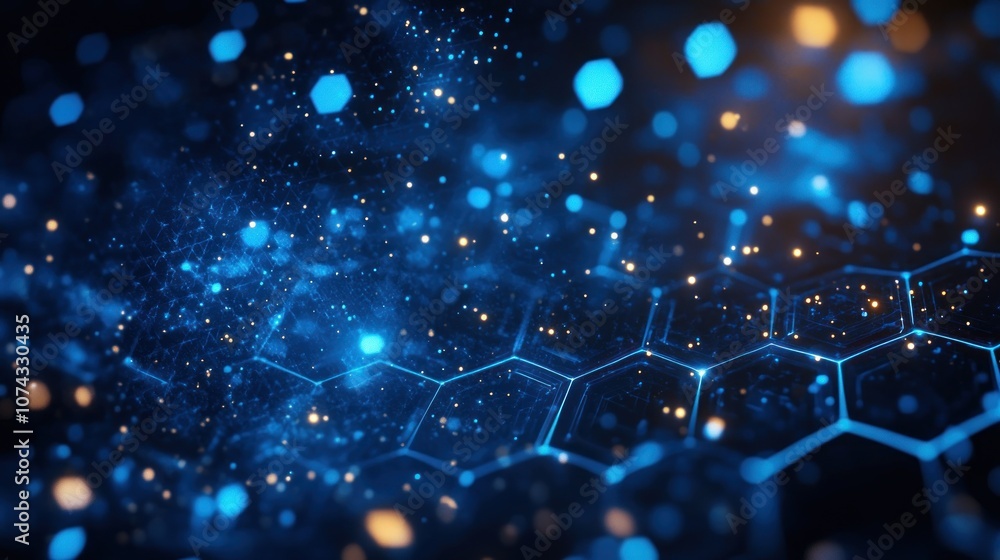Poster digital background with glowing hexagons and blue lights in a honeycomb pattern, emphasizing a futur