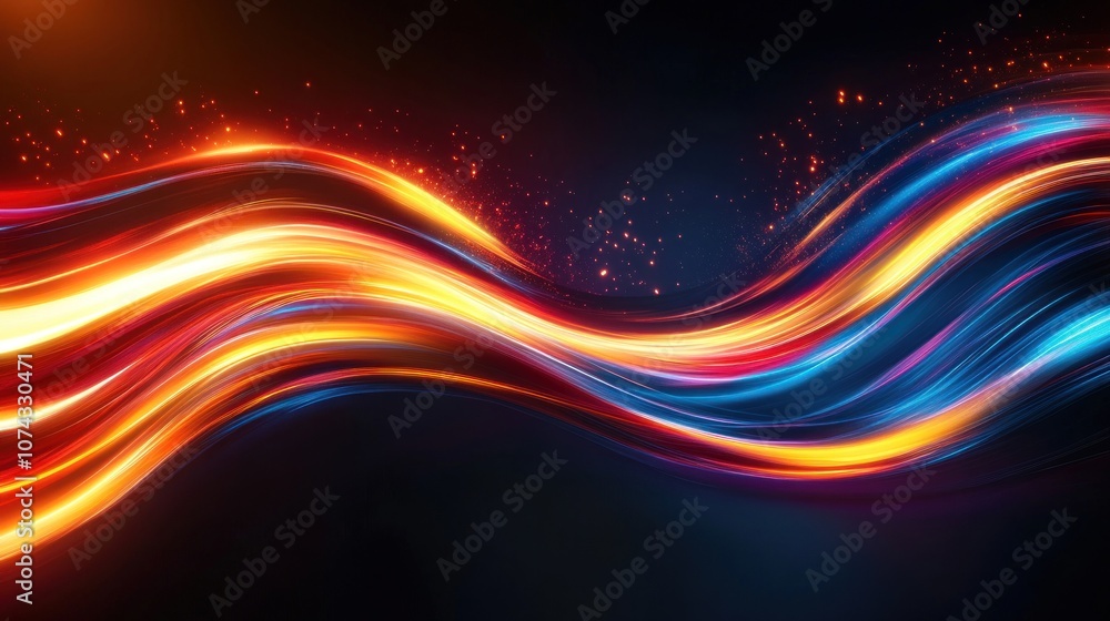 Poster digital background with smooth waves of bright neon lines on a dark surface, forming a sense of moti