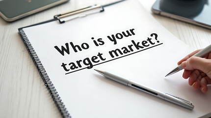 Obraz premium Pen and paper with the question Who is your target market? The concept of target market or target customer.