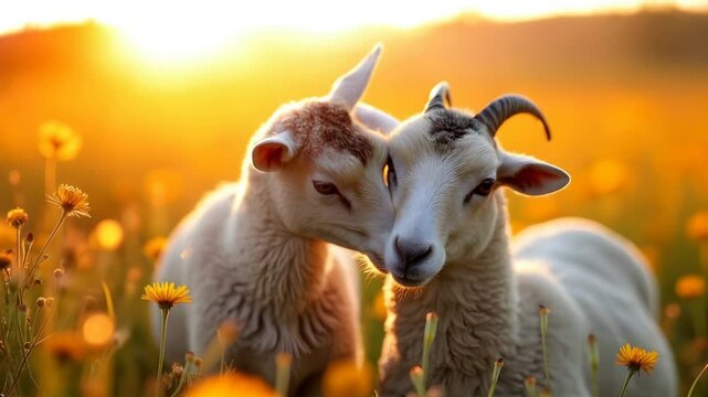 Two sheep standing together outdoors in a sunny, grassy field, showcasing farm life and peaceful rural scenes.