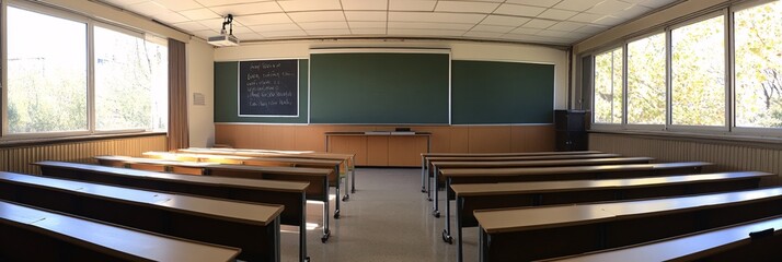 Fototapeta premium A traditional classroom with wooden desks, chairs, and a large green chalkboard waiting for students 