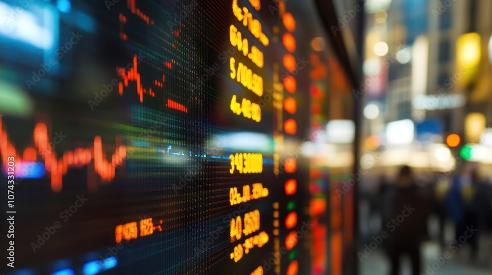 Poster a close-up of a stock market display showing financial data and trends.