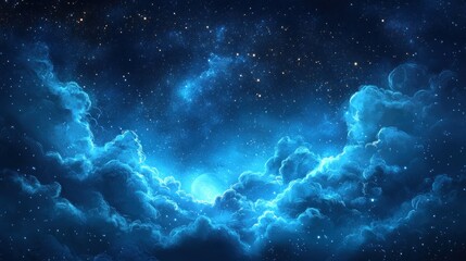 Fototapeta premium Hand-drawn background with sketchy clouds and stars on a midnight blue background, creating a dreamy, storybook effect