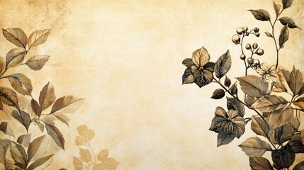 Hand-drawn background with vintage-style botanical illustrations in sepia on an off-white paper texture, creating an antique feel