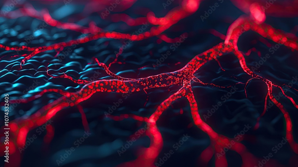 Poster Intricate red neural pathways on a textured dark background.