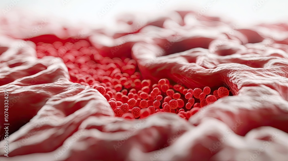 Poster Close-up view of red cellular structures and textures on a white background.