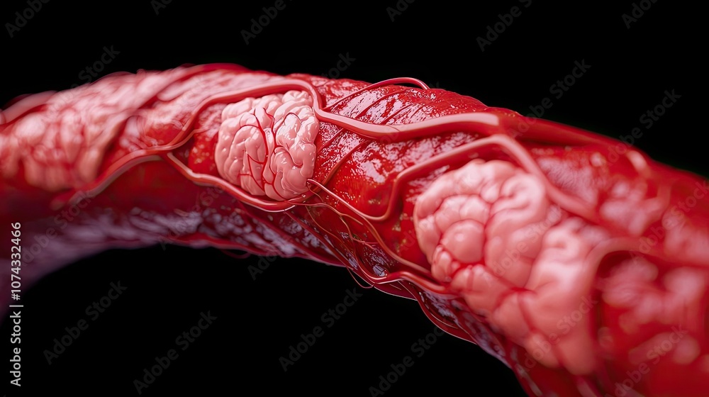 Poster close-up of a red biological structure on a black background.