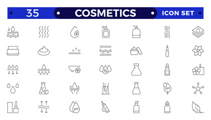 Cosmetics Outline icons set. Moisture cream, acid, anti wrinkle serum, ceramide, collagen, retinol compound, sunscreen vector illustration. Outline signs for skincare products property.