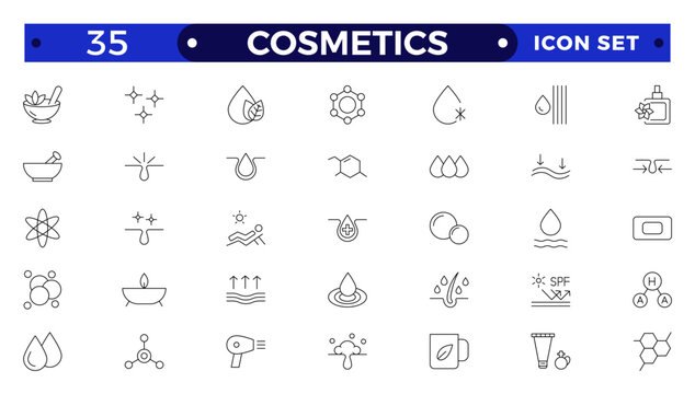 Cosmetics Outline icons set. Moisture cream, acid, anti wrinkle serum, ceramide, collagen, retinol compound, sunscreen vector illustration. Outline signs for skincare products property.